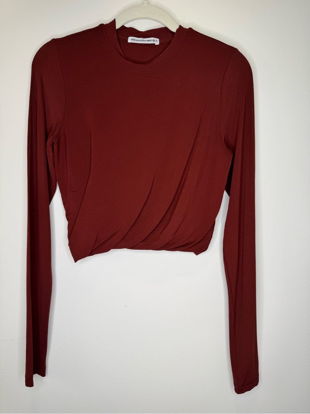 Alexander Wang Draped Cropped Long-Sleeve Top in Burgundy Medium